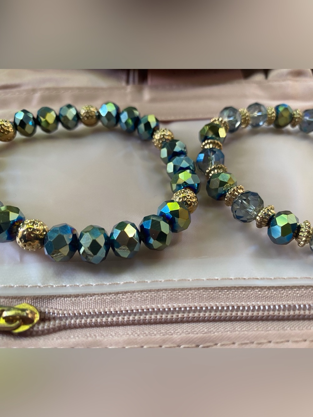 Beaded Iridescent Green-Blue Stretch Bracelet with Gold Accents